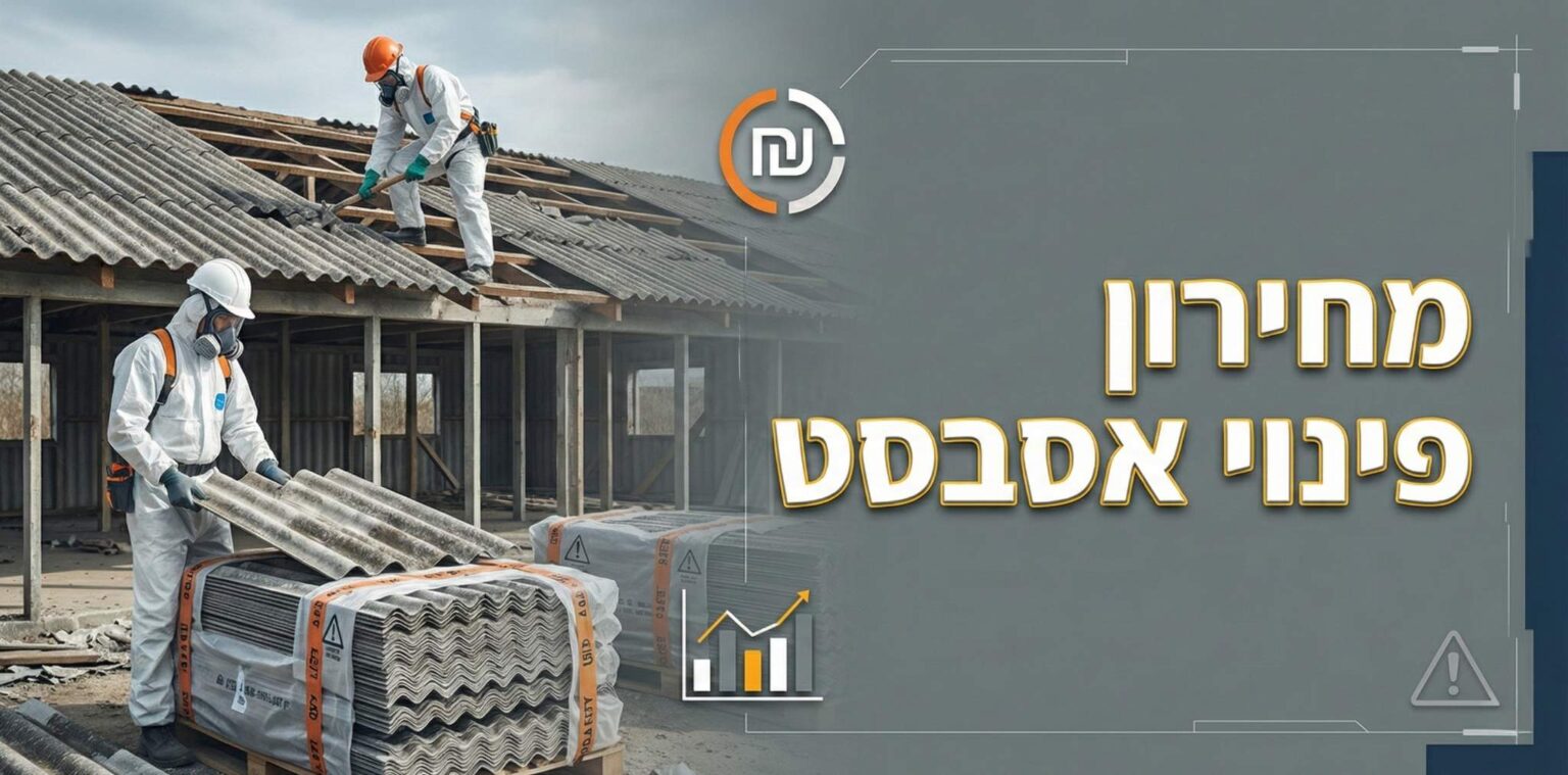 מחירון פינוי אסבסט עם צוות עובדים ממוגנים מפרקים גג אסבסט ואלמנטים אינפוגרפיים של תמחור ובטיחות